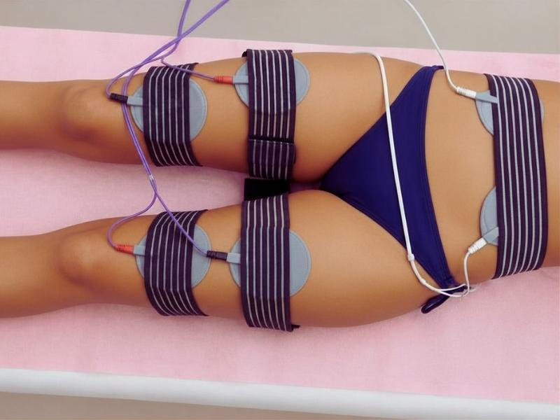 Modelo recibiendo electro estimulación en piernas y abdomen