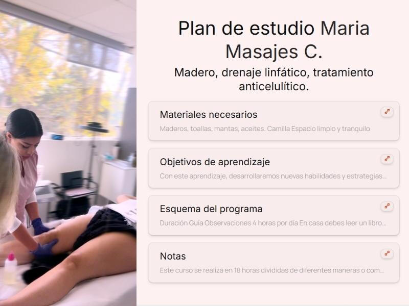 Formación de Masajes, Maria Masajes enseñando la técnica de masaje Formaciones de maderoterapia, drenaje linfático y tratamiento anticelulítico