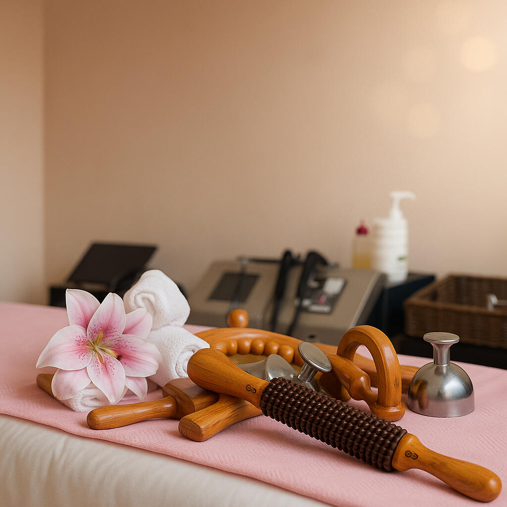 Esteticista, masaje coporal y facial, masajes postoperatorios, drenaje linfático Cabina de masajes con herramientas de maderoterapia y equipo de radiofrecuencia indiba